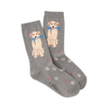 A pair of grey crew socks featuring a golden retriever design and paw prints. The socks are shown folded together.