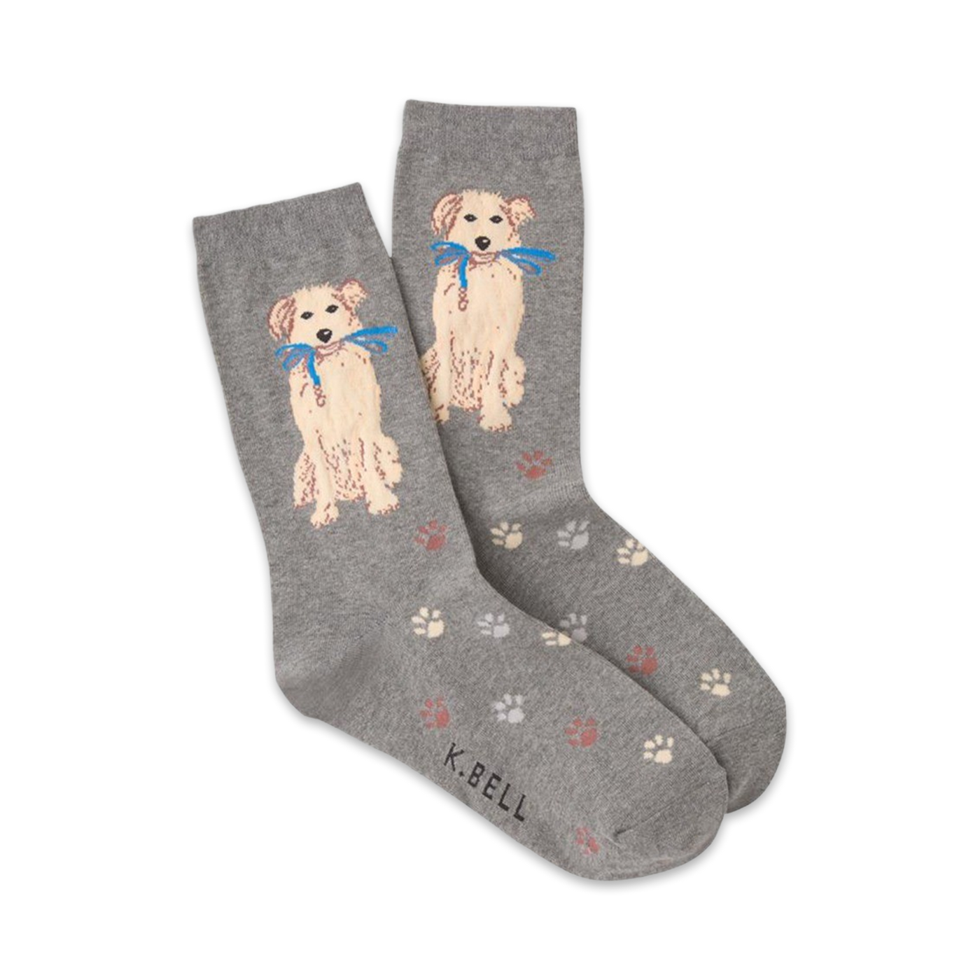 A pair of grey crew socks featuring a golden retriever design and paw prints. The socks are shown folded together.