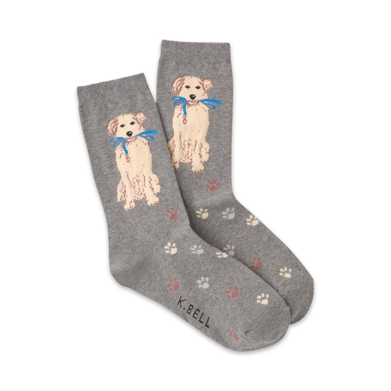 A pair of grey crew socks featuring a golden retriever design and paw prints. The socks are shown folded together.