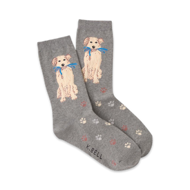 gray crew socks with pattern of golden dogs wearing blue ribbons and brown paw prints.  