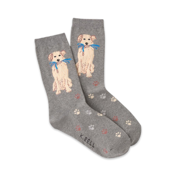 gray crew socks with pattern of golden dogs wearing blue ribbons and brown paw prints.  