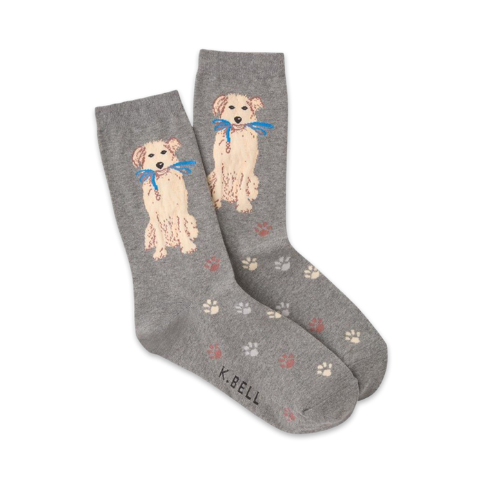 gray crew socks with pattern of golden dogs wearing blue ribbons and brown paw prints.   }}