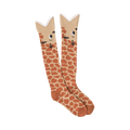 Pair of knee-high socks.  Tan and reddish-brown giraffe print.  Cute giraffe faces are visible at the top of each sock.