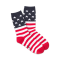 Pair of crew socks in red, white, and navy blue. The socks feature a design of the American flag: stars on navy blue at the top, and red and white stripes at the bottom.