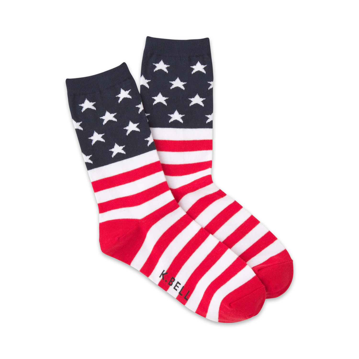 Pair of crew socks in red, white, and navy blue. The socks feature a design of the American flag: stars on navy blue at the top, and red and white stripes at the bottom.