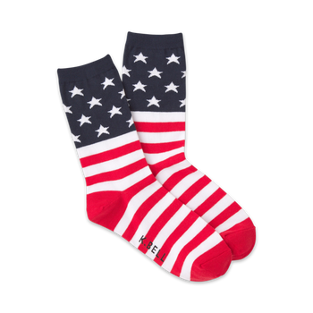 red, white, and blue crew socks feature a stars and stripes pattern for a patriotic look. perfect for women who want to show their american pride.   