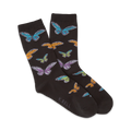 Pair of black crew socks adorned with colorful butterflies in teal, purple, orange, and yellow. The socks are playfully arranged, showcasing the design.