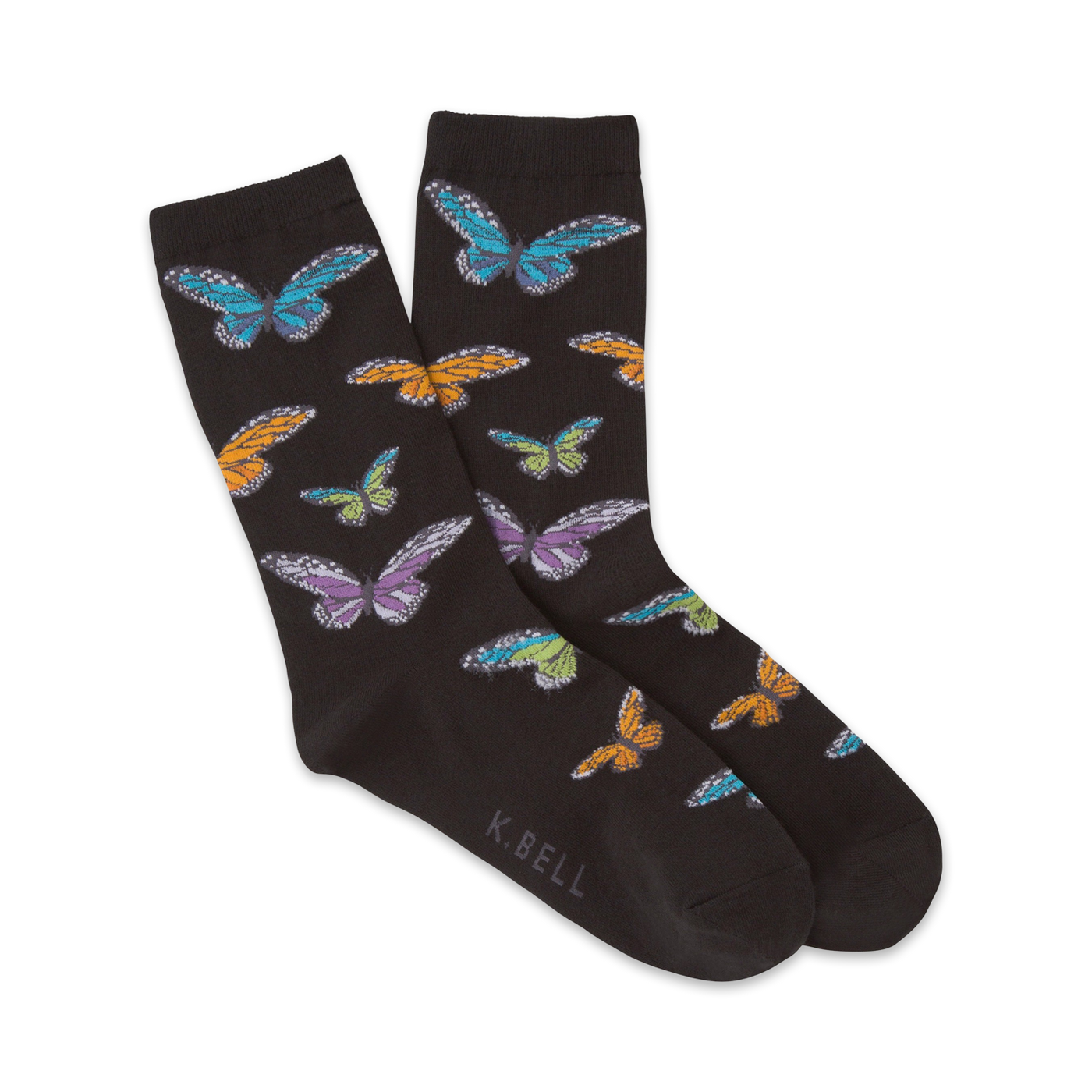 Pair of black crew socks adorned with colorful butterflies in teal, purple, orange, and yellow. The socks are playfully arranged, showcasing the design.