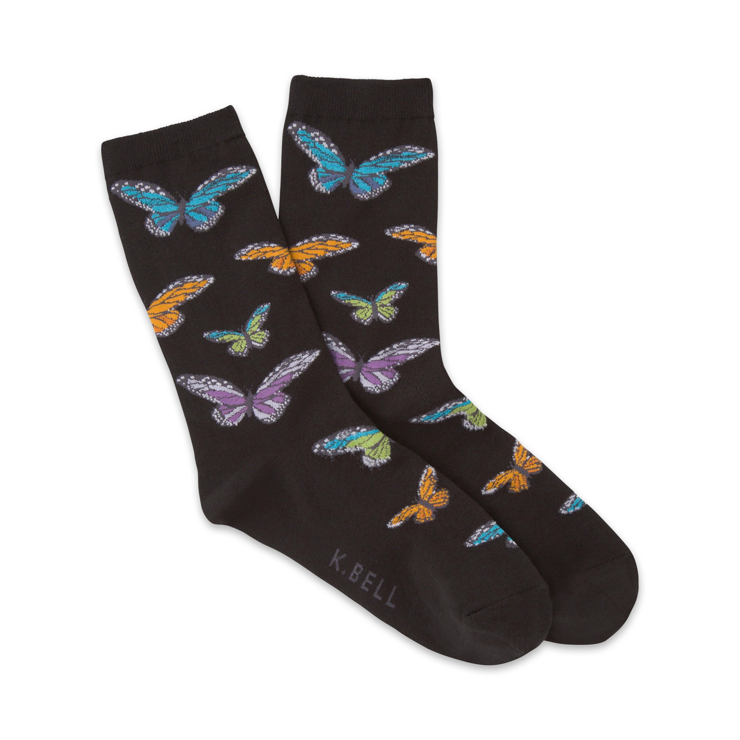 Pair of black crew socks adorned with colorful butterflies in teal, purple, orange, and yellow. The socks are playfully arranged, showcasing the design.