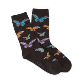 colorful butterfly pattern on black crew socks designed for women.   