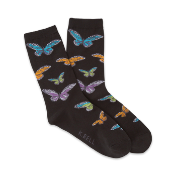 colorful butterfly pattern on black crew socks designed for women.   