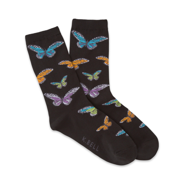 colorful butterfly pattern on black crew socks designed for women.    }}