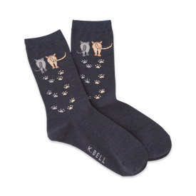 dark blue crew socks with cartoon cat butts in a line with light blue paw prints  