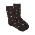 Pair of black crew socks with multicolored paw prints.  The socks are comfortable and fun.