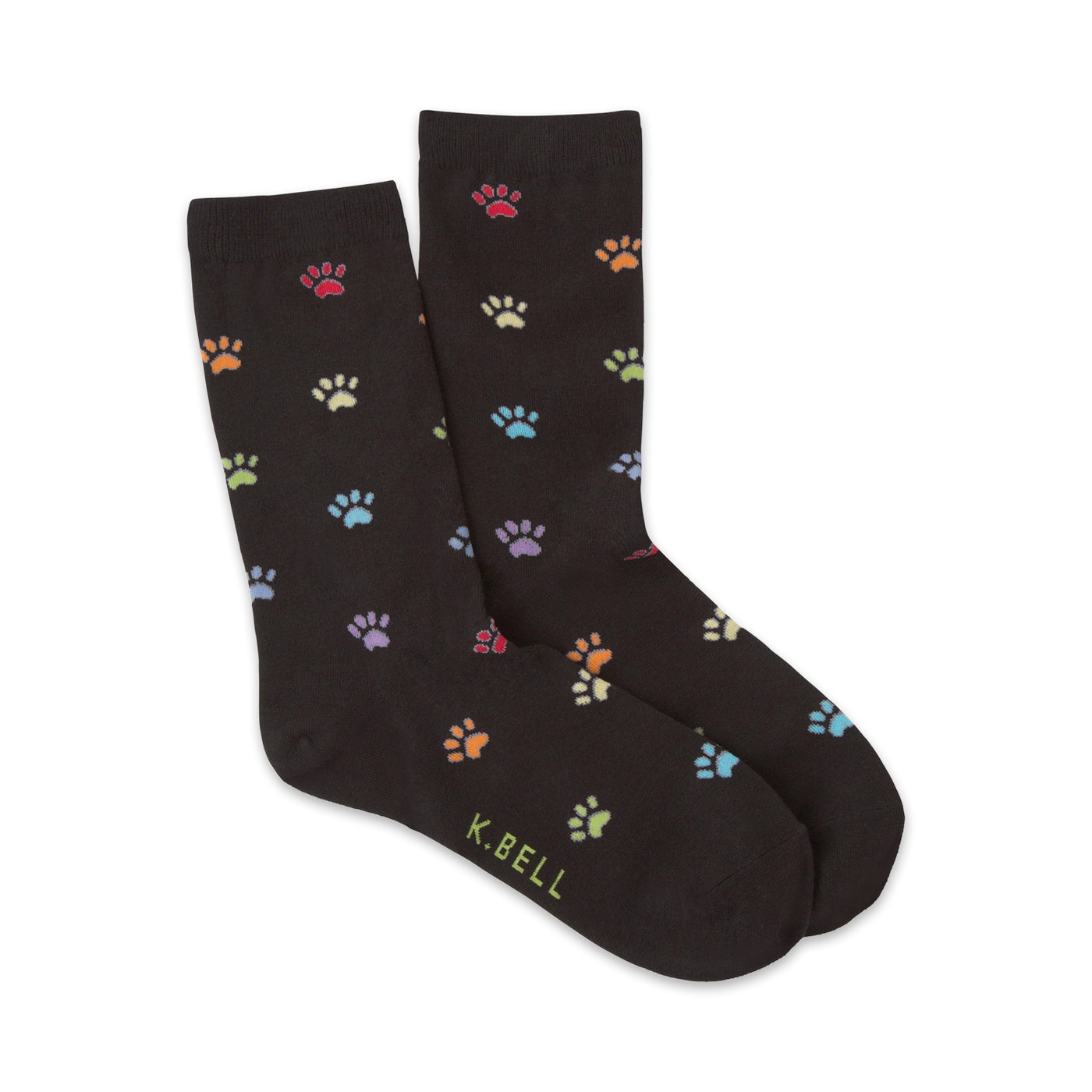 Pair of black crew socks with multicolored paw prints.  The socks are comfortable and fun.