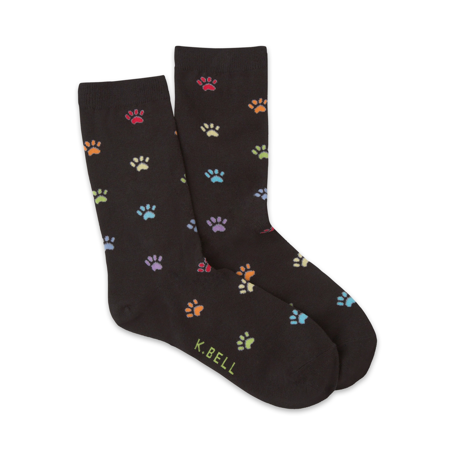 Pair of black crew socks with multicolored paw prints.  The socks are comfortable and fun.