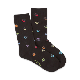 crew-length black socks with multicolored paw prints for women.   