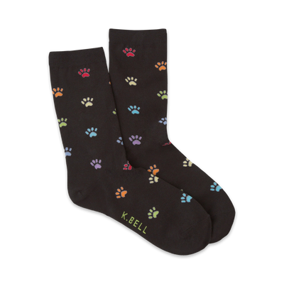 crew-length black socks with multicolored paw prints for women.   