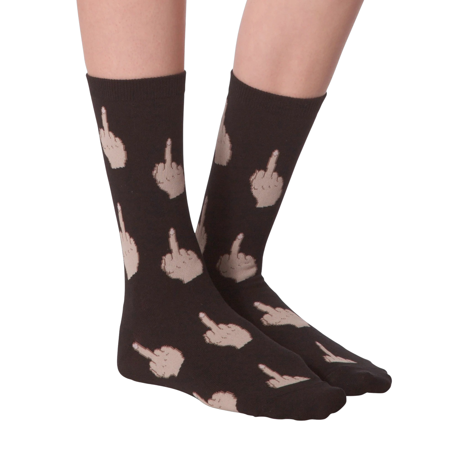 Close-up of a model's legs wearing pink 'Middle Finger' socks.