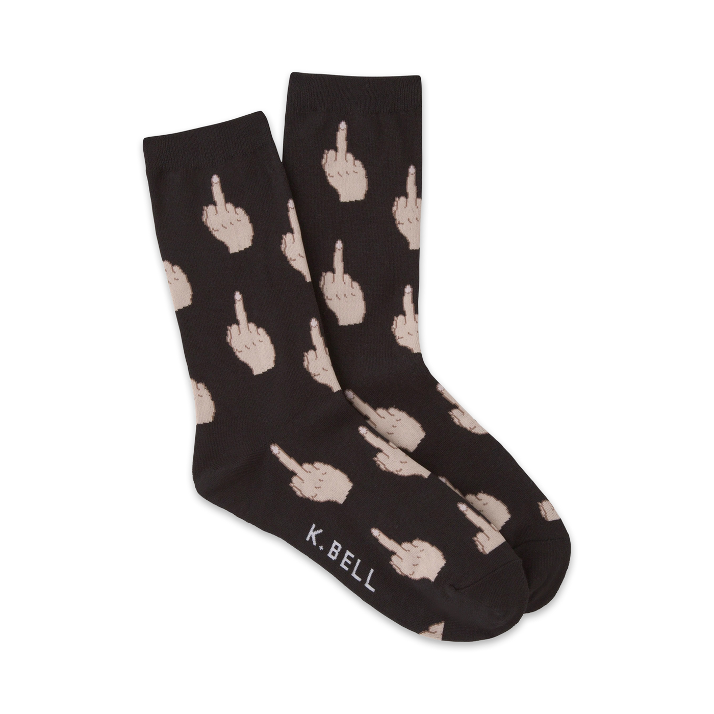 Pair of crew socks in black and pink, featuring a repeated pattern of middle finger gestures.  K. Bell logo on the bottom.