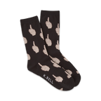 Pair of crew socks in black and pink, featuring a repeated pattern of middle finger gestures.  K. Bell logo on the bottom.
