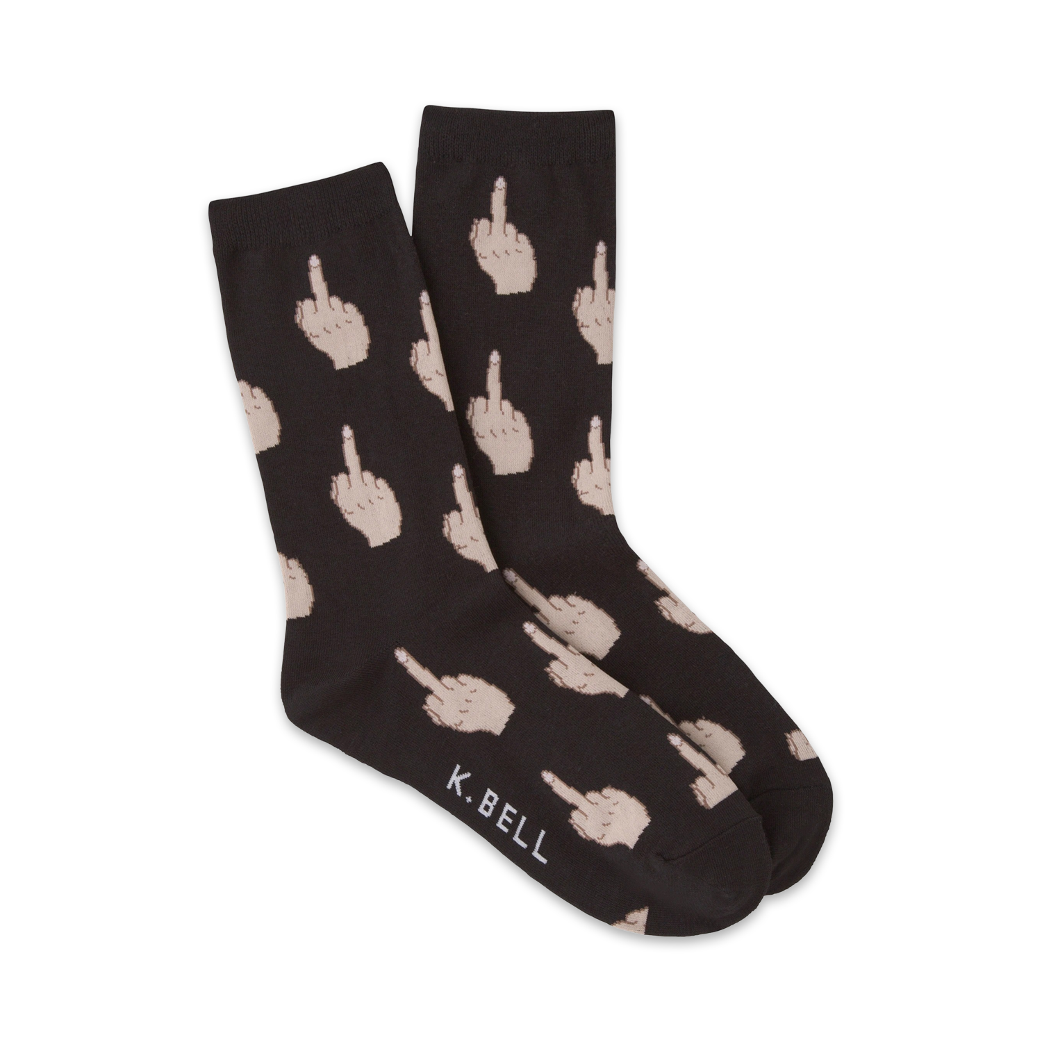 Pair of crew socks in black and pink, featuring a repeated pattern of middle finger gestures.  K. Bell logo on the bottom.