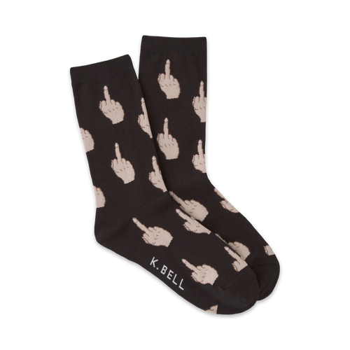 Pair of crew socks in black and pink, featuring a repeated pattern of middle finger gestures.  K. Bell logo on the bottom.