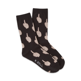 women's crew socks in black with a pattern of light tan middle fingers.   