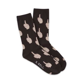 women's crew socks in black with a pattern of light tan middle fingers.   