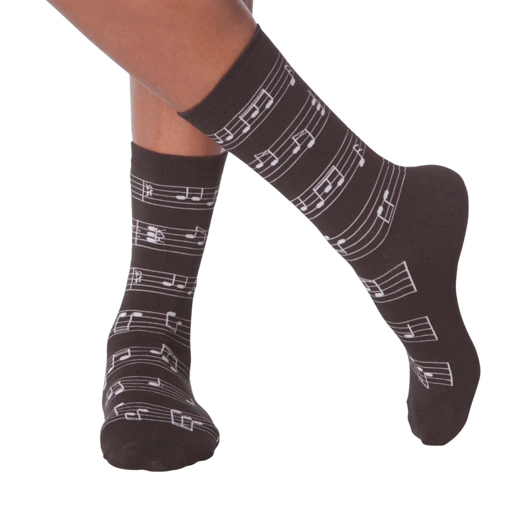 Flat lay image of a pair of white musical note socks.