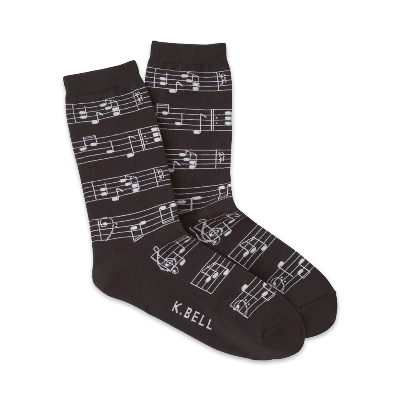 Pair of crew socks in dark grey and white with a musical notes design.  The socks show a repeating pattern of musical notes on a staff.