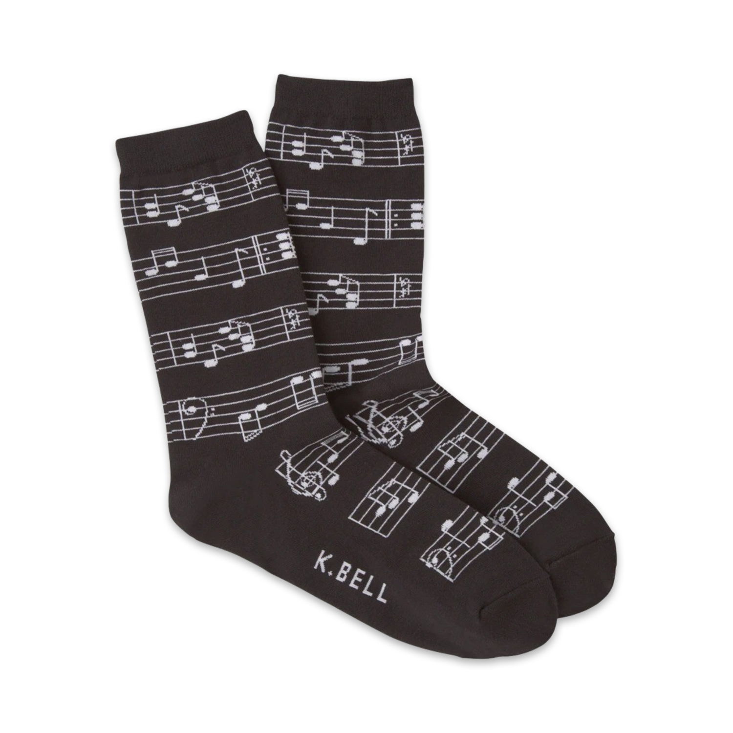 Pair of crew socks in dark grey and white with a musical notes design.  The socks show a repeating pattern of musical notes on a staff.