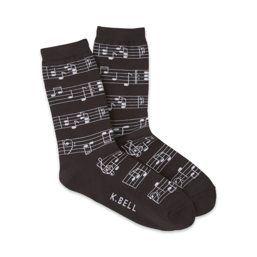 Pair of crew socks in dark grey and white with a musical notes design.  The socks show a repeating pattern of musical notes on a staff.