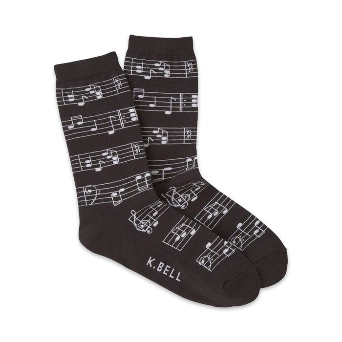 black crew socks with white music notes for women  