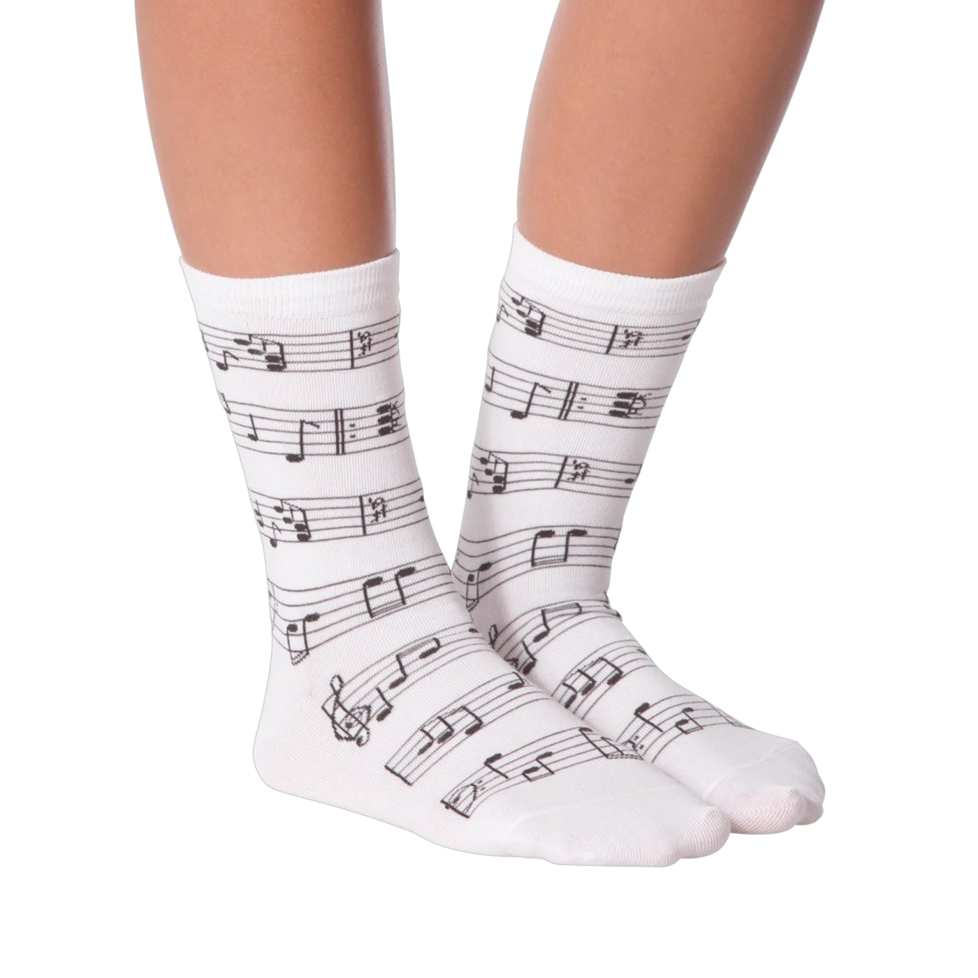 Lifestyle shot of model wearing white musical note socks.