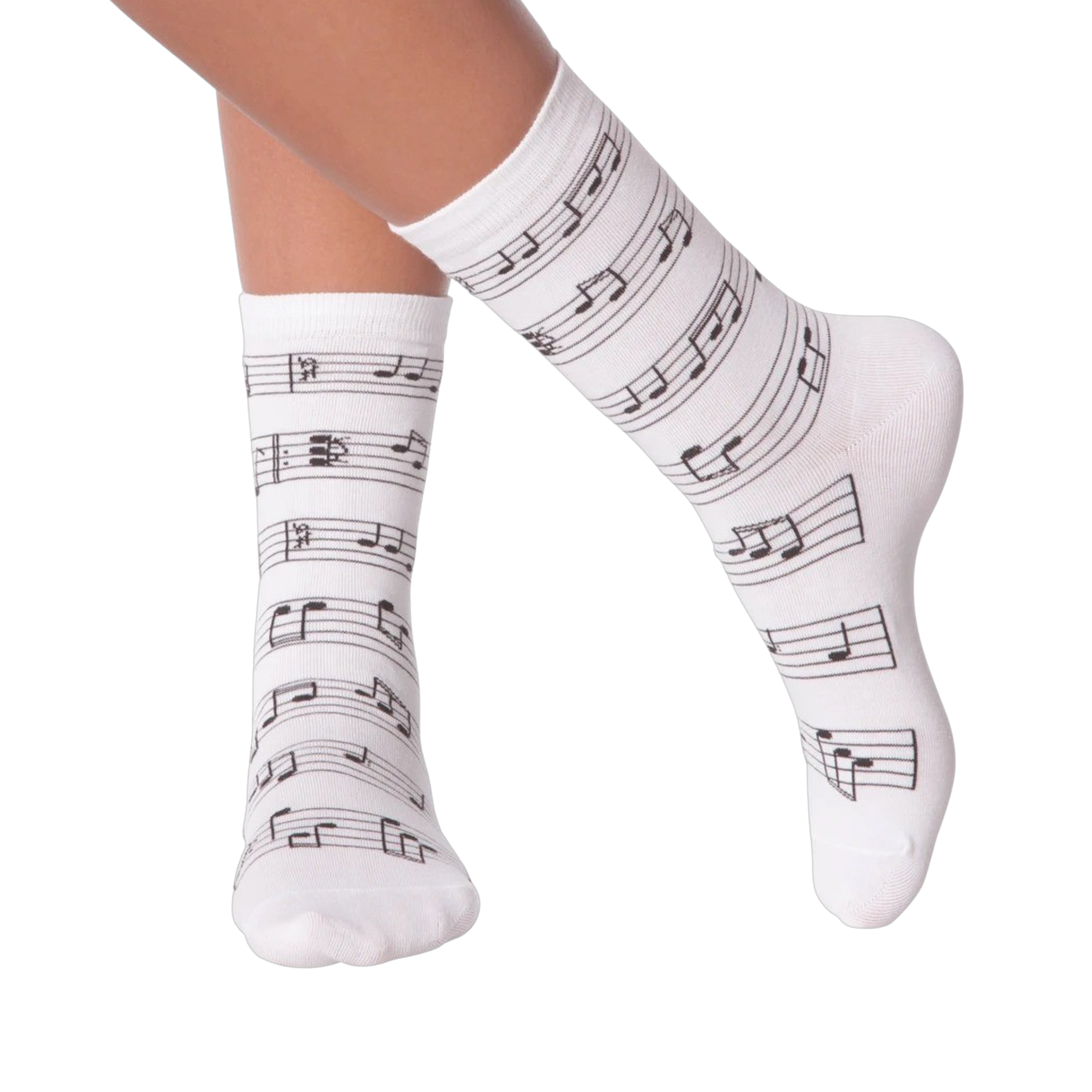 Close up of a person's legs wearing white musical note socks.