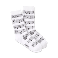 Lifestyle shot of model wearing dark grey musical note socks.