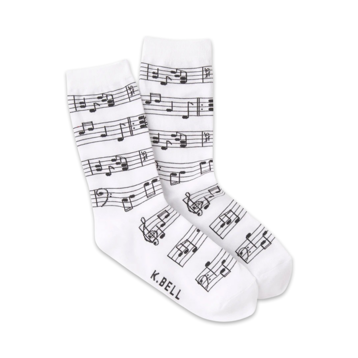 Lifestyle shot of model wearing dark grey musical note socks.