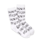 Lifestyle shot of model wearing dark grey musical note socks.