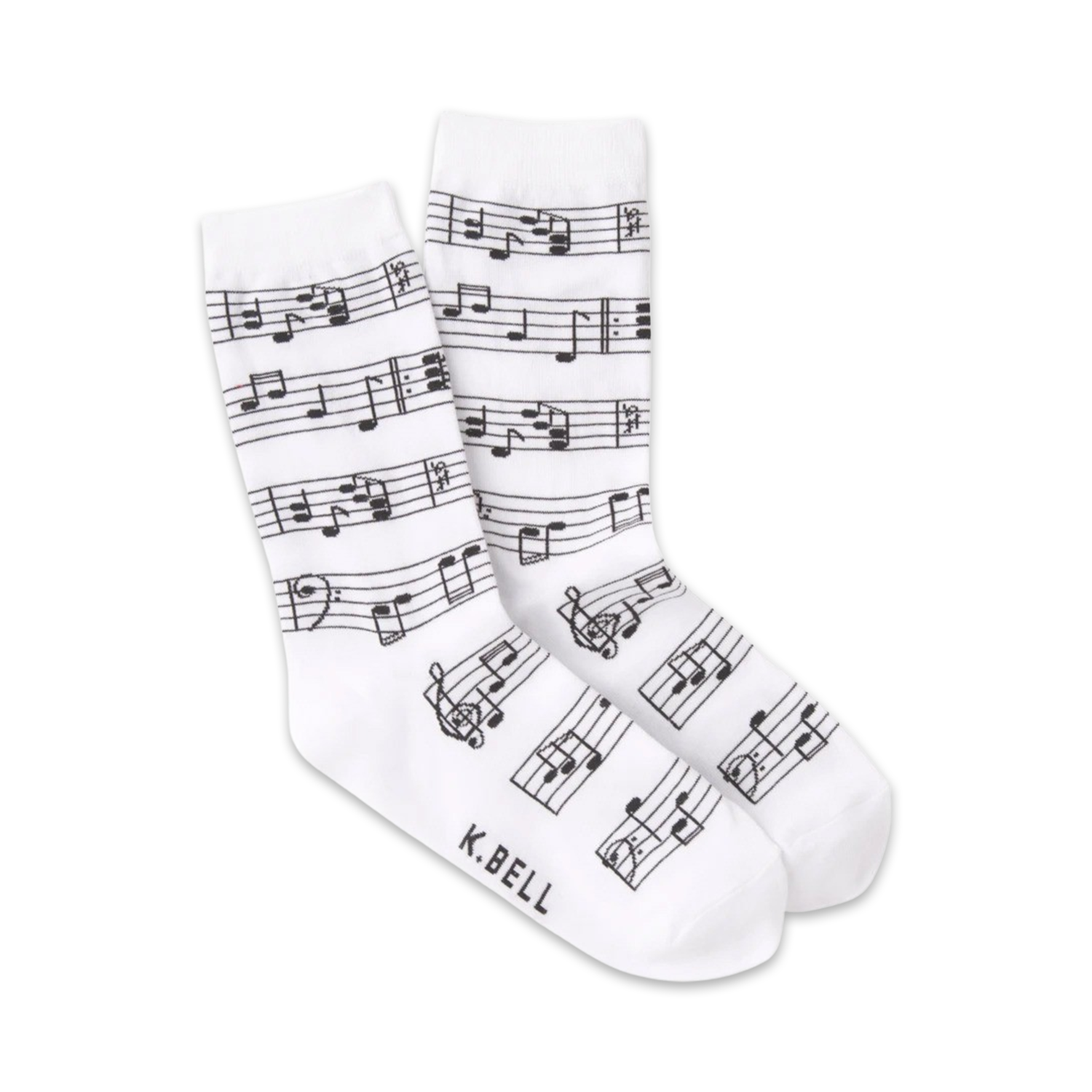 Lifestyle shot of model wearing dark grey musical note socks.