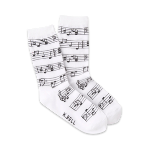  black musical notes pattern on white crew socks for women   