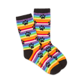 A pair of crew socks with rainbow stripes and black paw prints. The socks are mainly orange, yellow, green, blue, purple, and red.