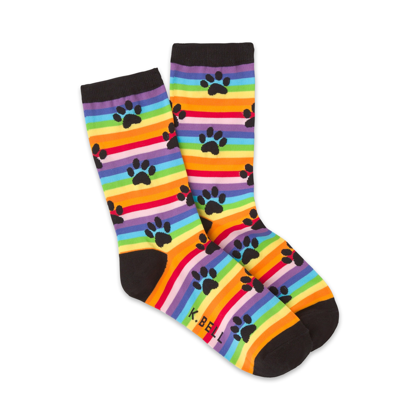 A pair of crew socks with rainbow stripes and black paw prints. The socks are mainly orange, yellow, green, blue, purple, and red.