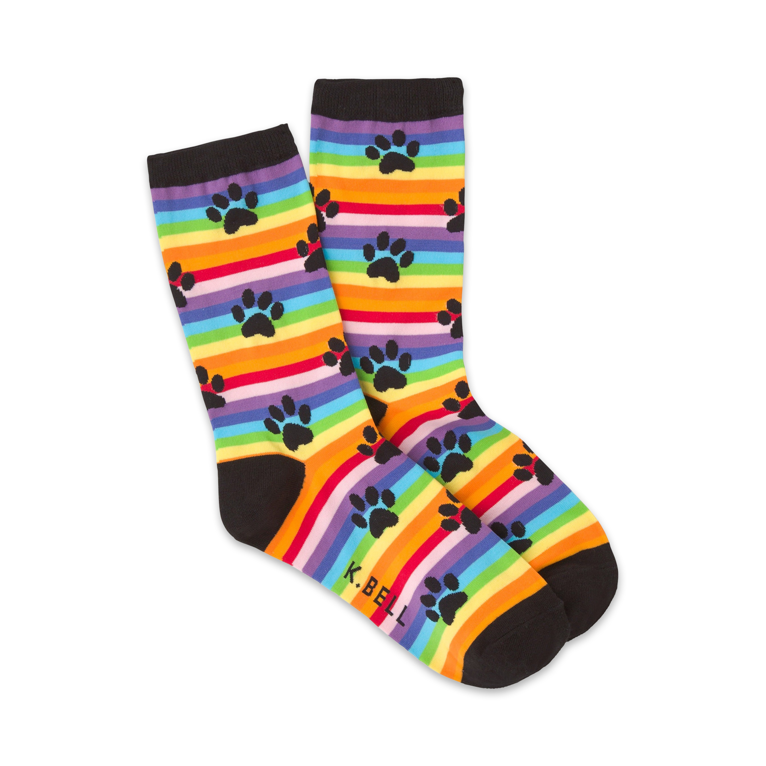 A pair of crew socks with rainbow stripes and black paw prints. The socks are mainly orange, yellow, green, blue, purple, and red.