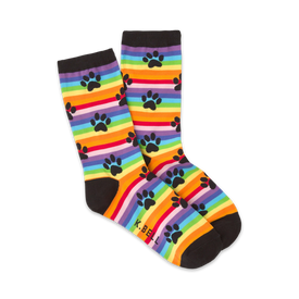 womens rainbow crew socks with black paw prints; fun dog theme.  