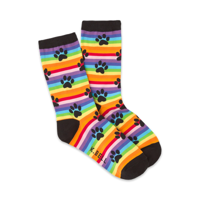 womens rainbow crew socks with black paw prints; fun dog theme.  