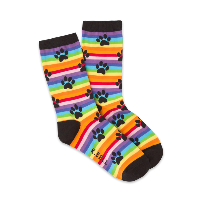 womens rainbow crew socks with black paw prints; fun dog theme.   }}