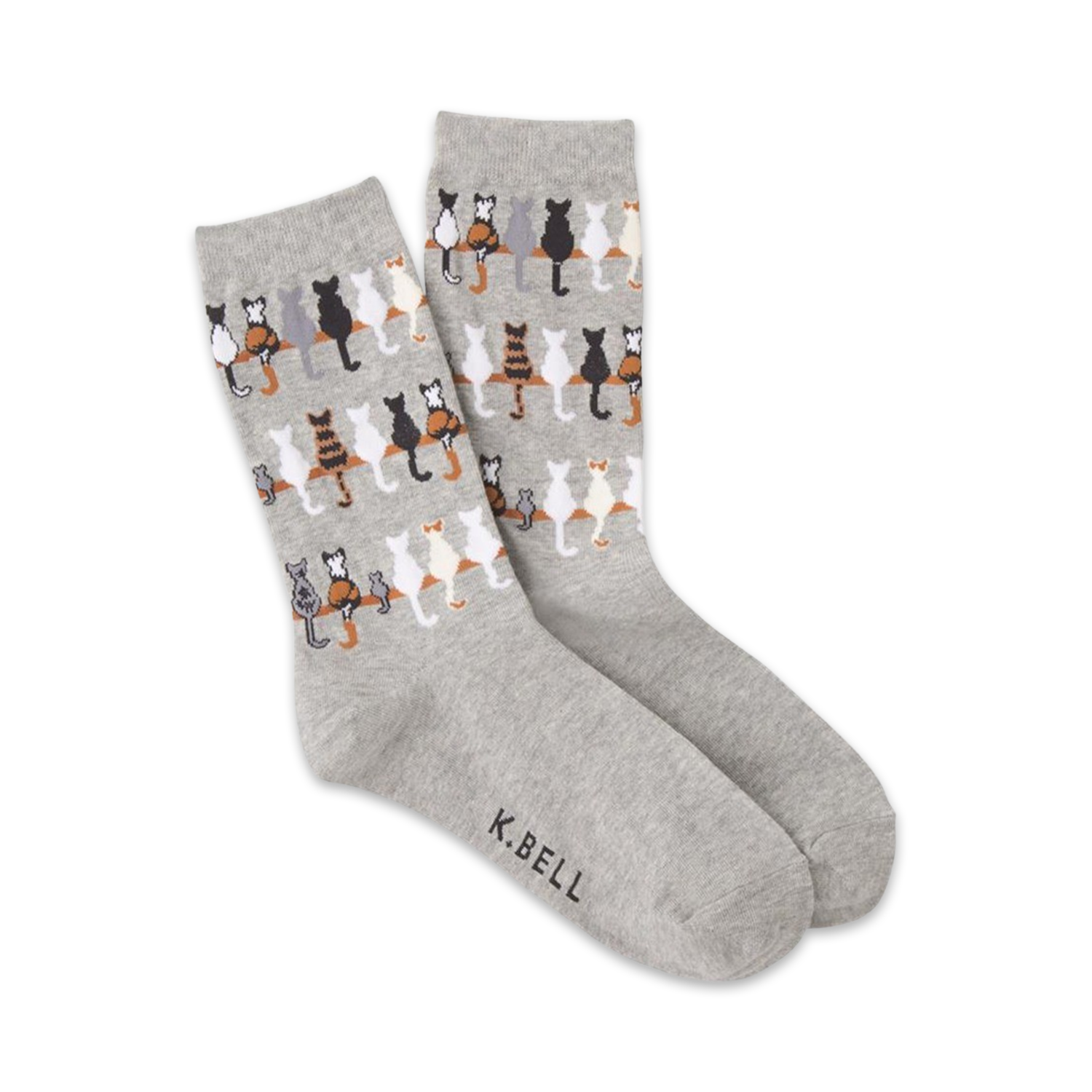 Pair of grey crew socks featuring a repeating pattern of cats sitting on a fence. 
