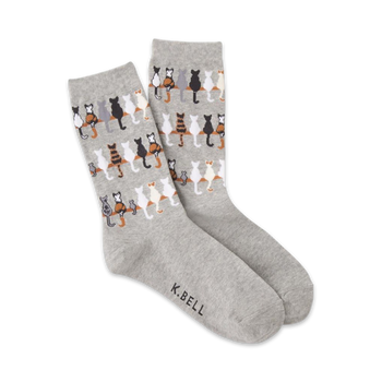  gray crew socks highlight a pattern of cats sitting on a branch, each feline features a different color and tail position.    