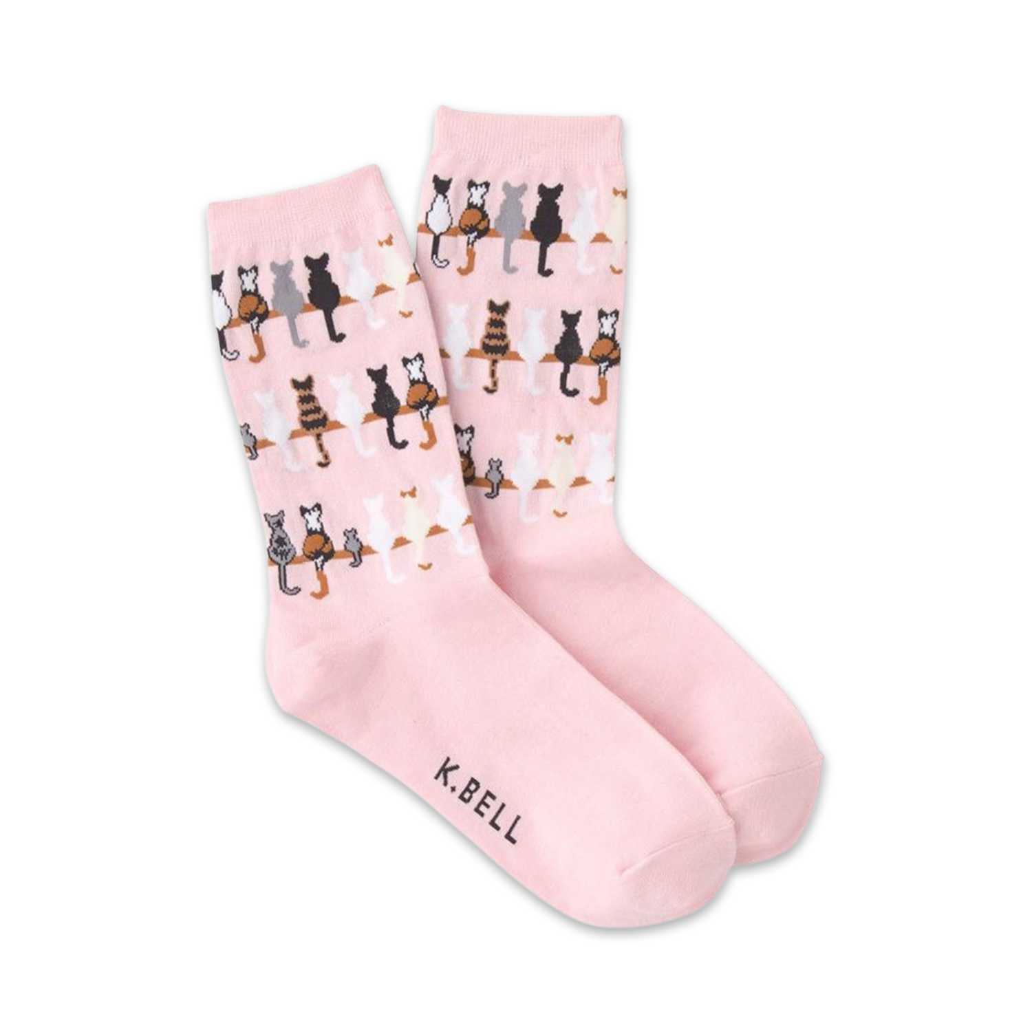 A pair of pink crew socks with the same cat pattern as the grey socks, shown against a white background.